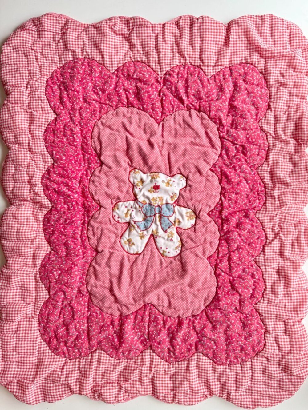 Vintage Handmade Red Gingham Floral Teddy Bear Cotton Voile Quilt Baby Blanket